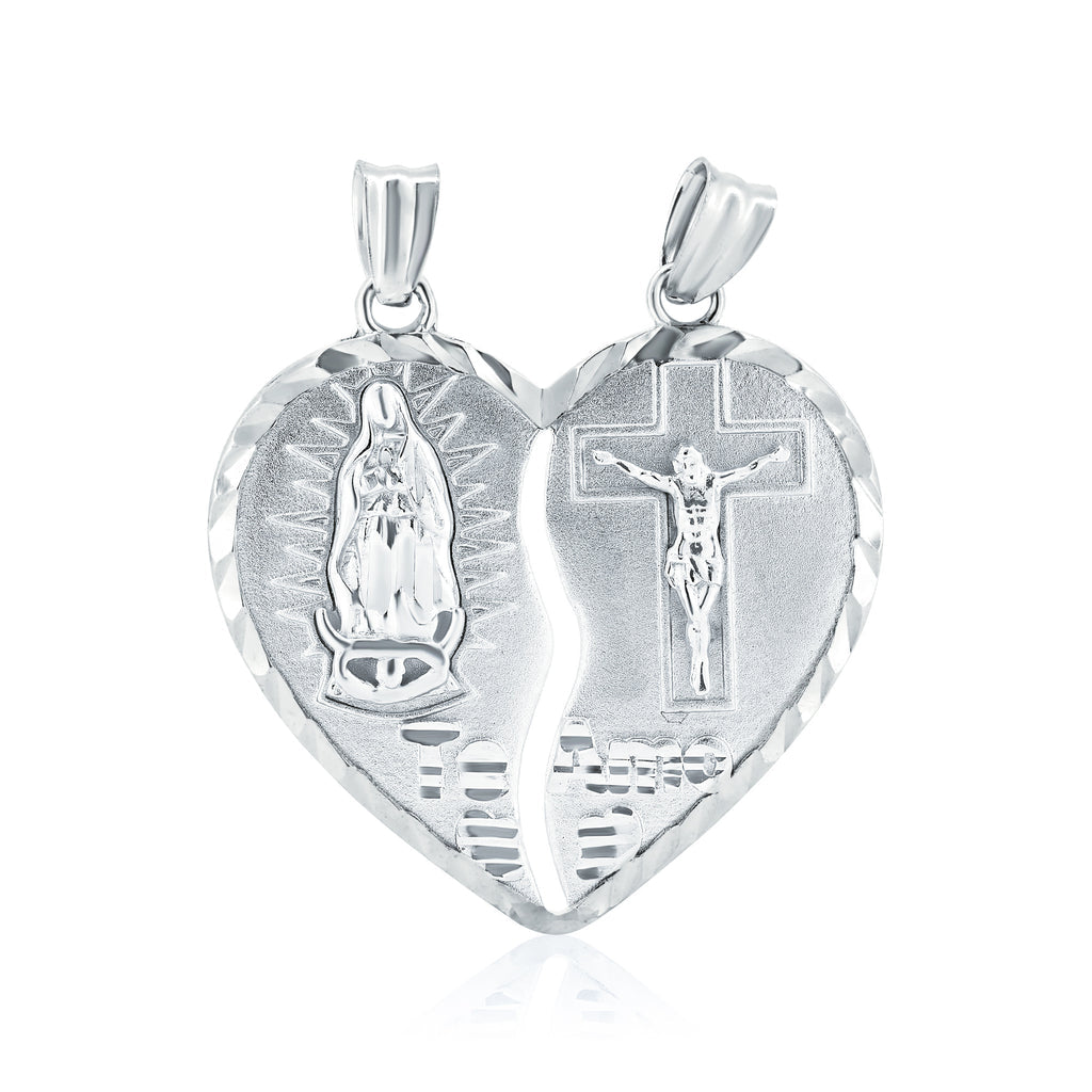 925 Silver Rhodium Guadalupe & Jesus Two-Piece Heart Love Pedant