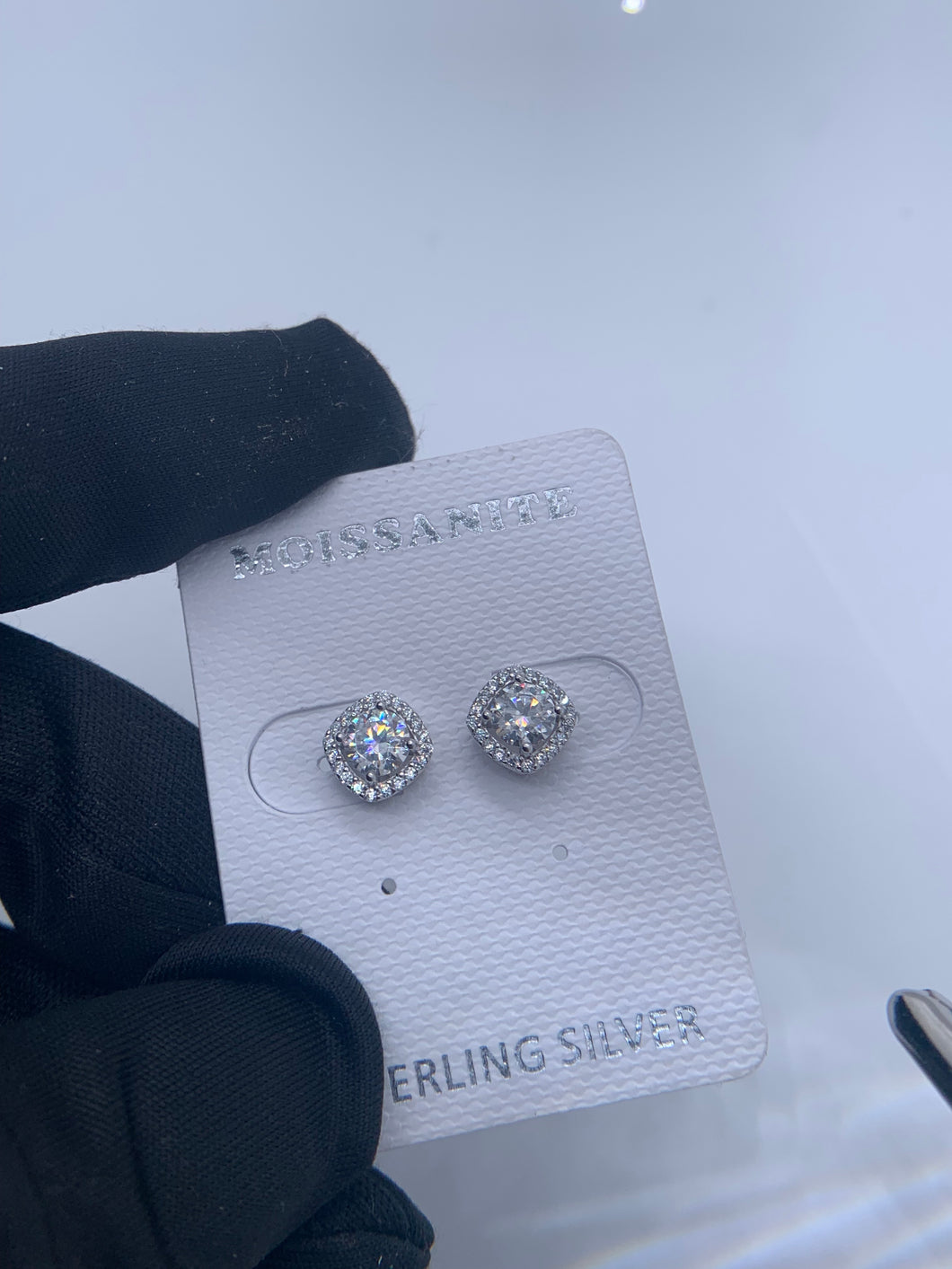 925 Rhodium Moissanite Square Halo Earrings/Studs Pushbacks 7.8mm #1