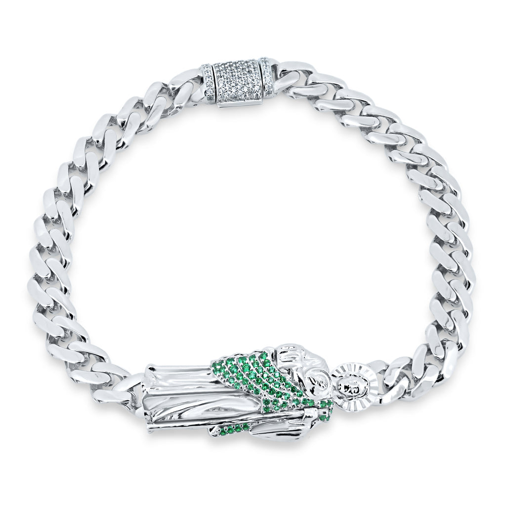 925 Rhodium Cuban Bracelet w/ St. Jude Pendant in Green & White CZ. 6.5mm