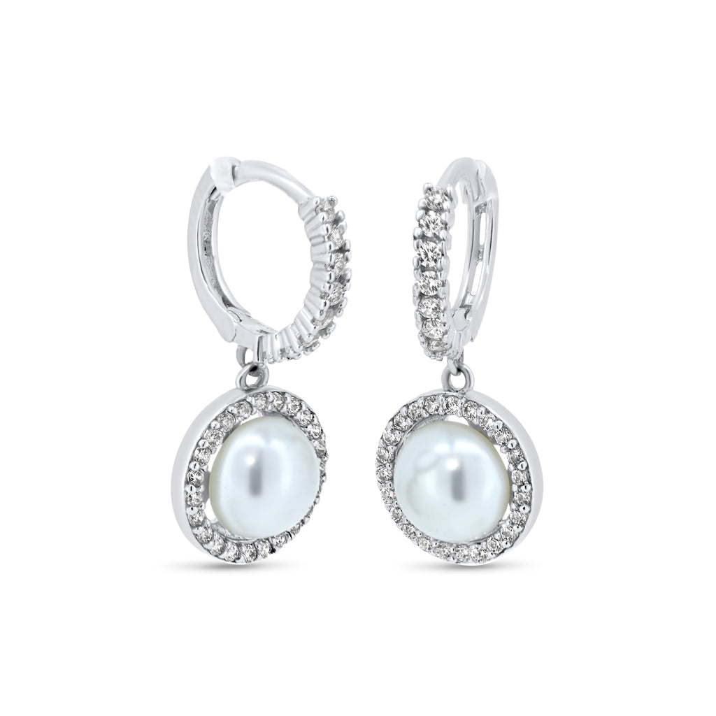 925 Rhodium Silver CZ Fresh Water Pearl Hoop Earrings