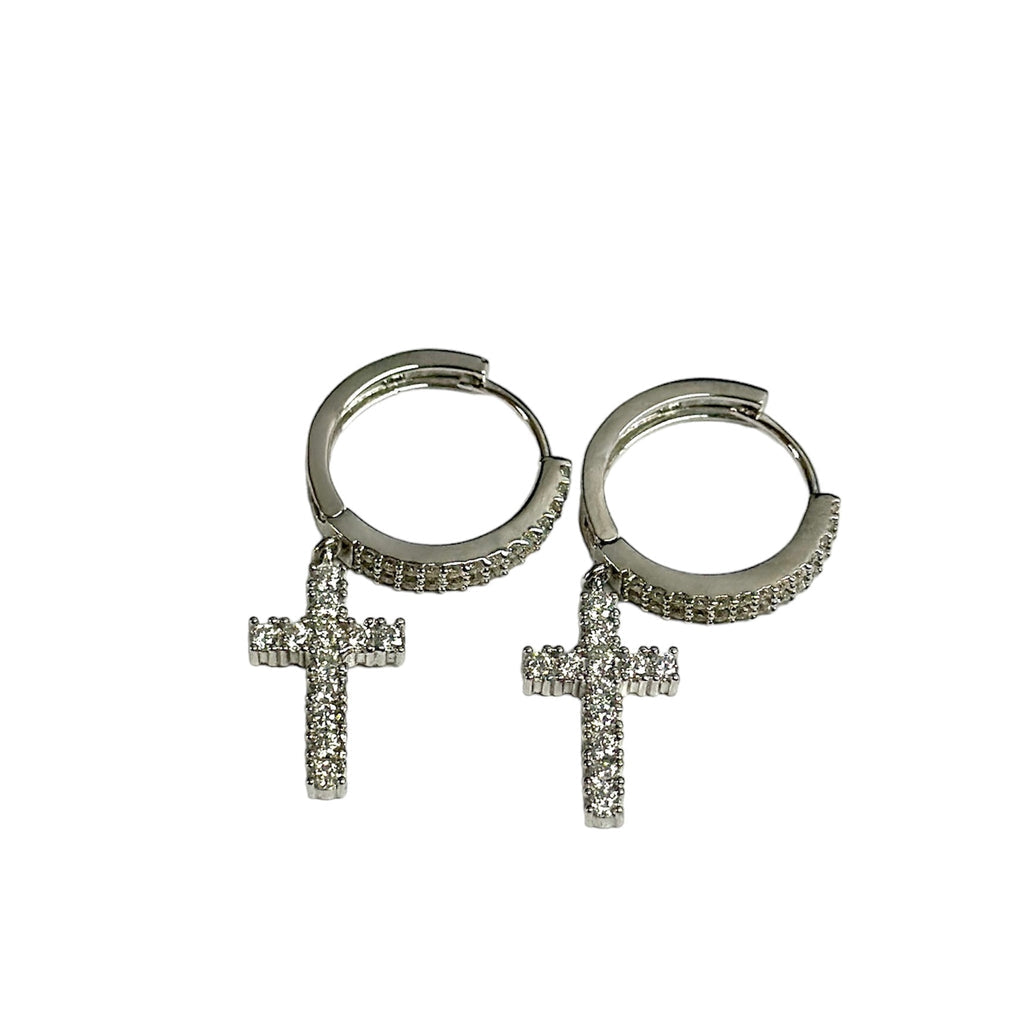 925 Rhodium Silver Moissanite Cross Hoop Earrings 0.95ctw