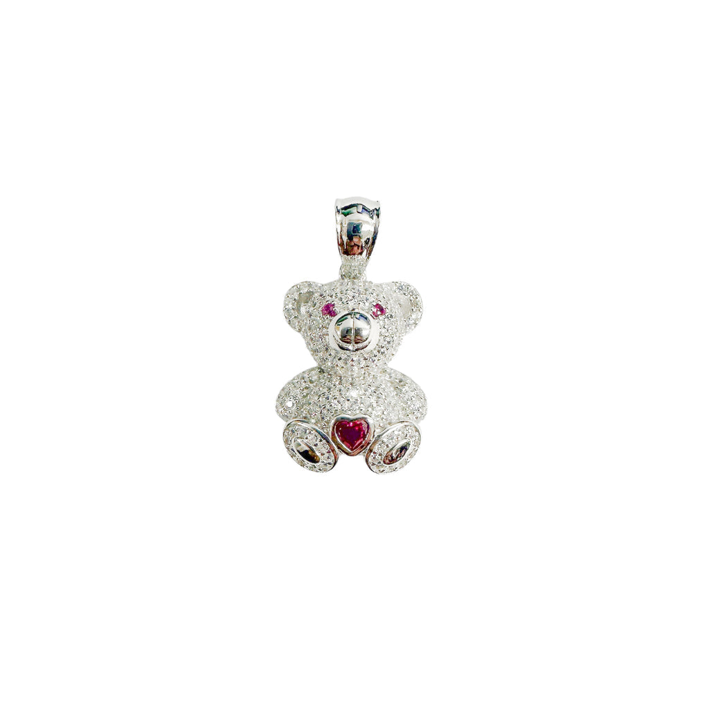 925 Rhodium Plated Teddy Bear Clear & Red Heart CZ #1