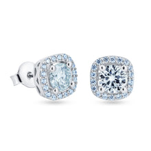 Load image into Gallery viewer, 925 Rhodium Moissanite Square Halo Earrings/Studs Pushbacks 7.8mm #1
