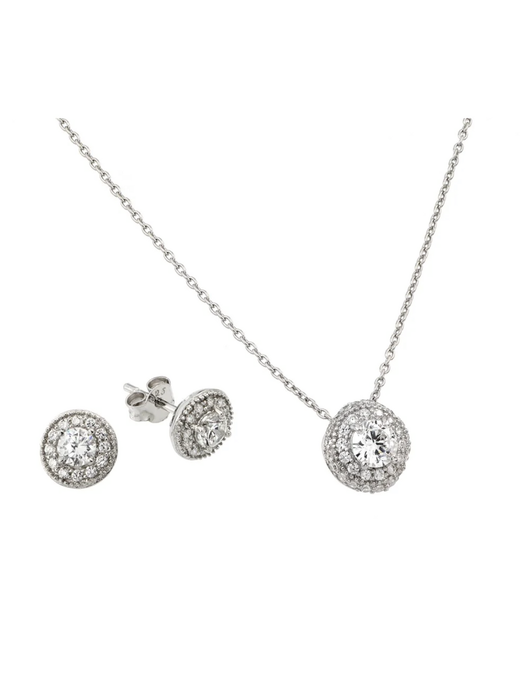 Silver 925 Rhodium Plated Round Cz Earring & Necklace Set