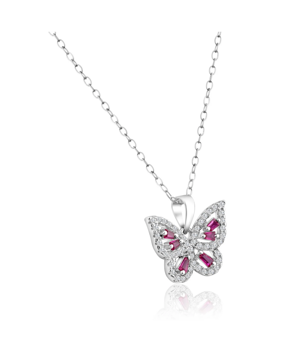 925 Rhodium Plated Colored Cz Butterfly Pendant Necklace