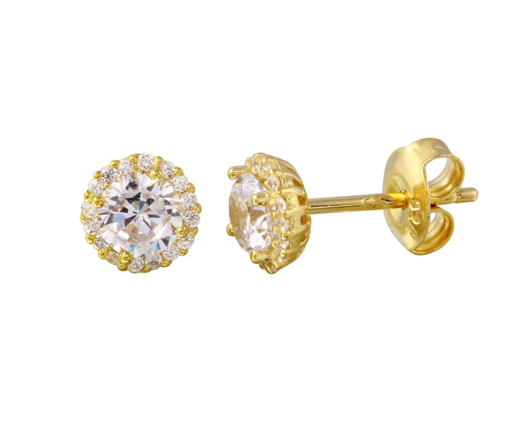 925 Gold Plated Cz Halo Stud Earrings #01