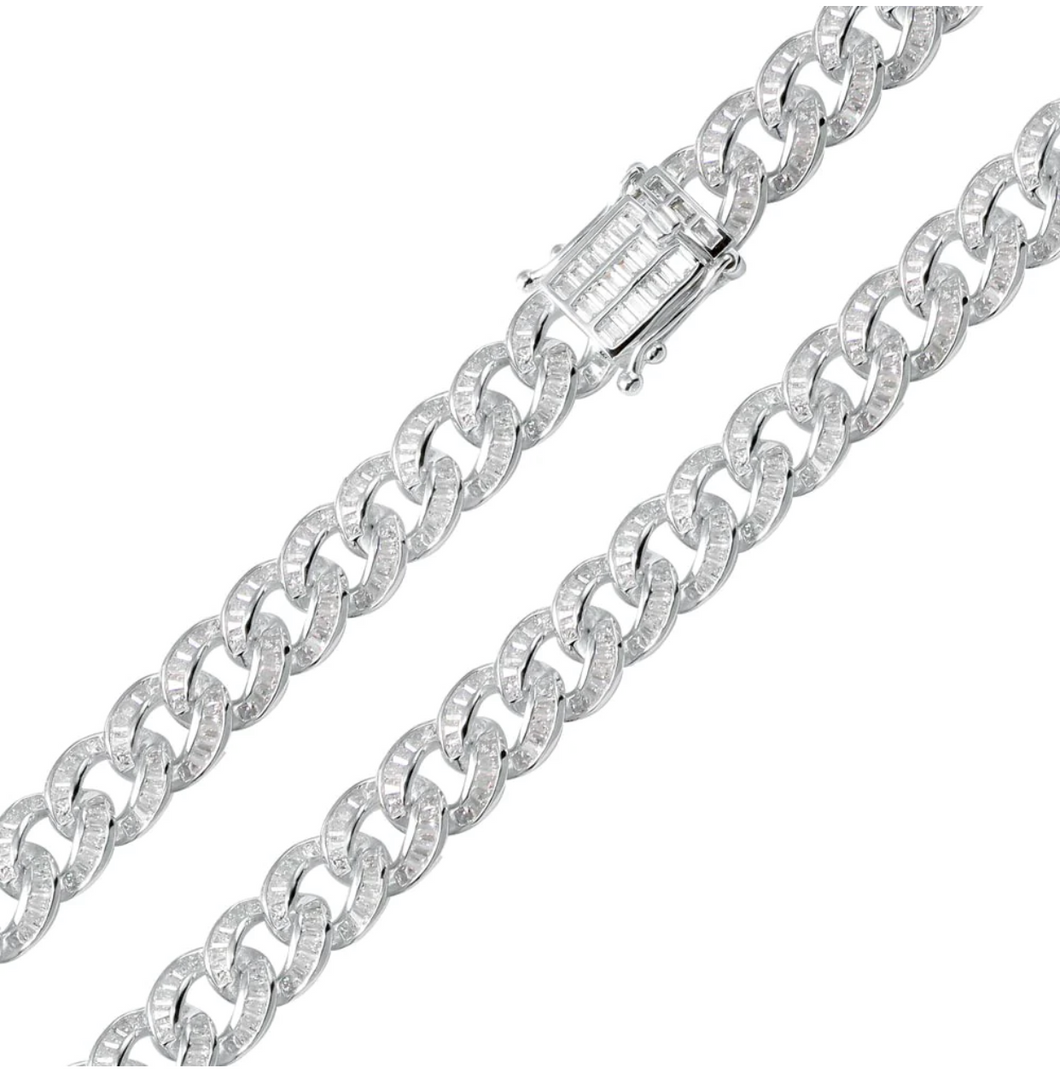 925 Rhodium Plated Baguette Cuban Chain 10.9mm