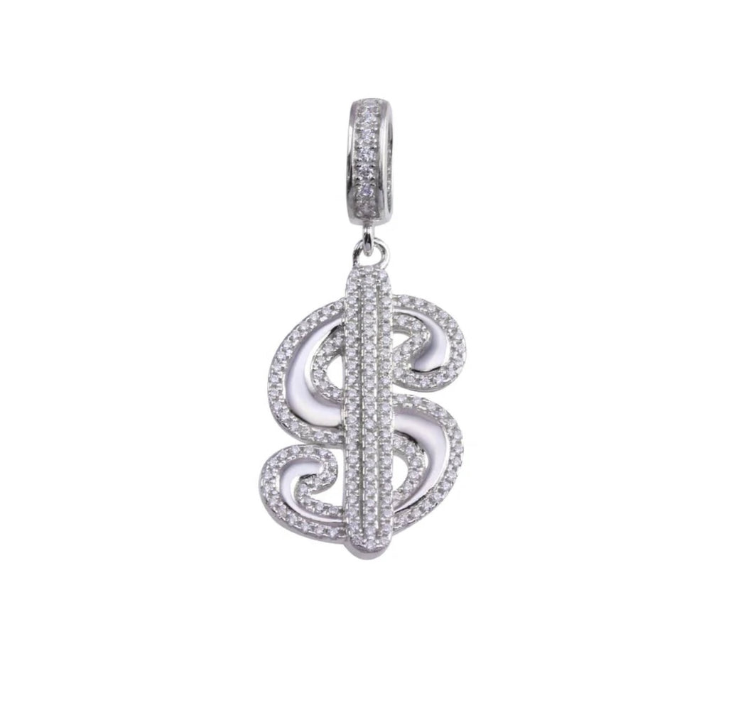 925 Silver, Rhodium Plated Dollar Sign Cz Pedant